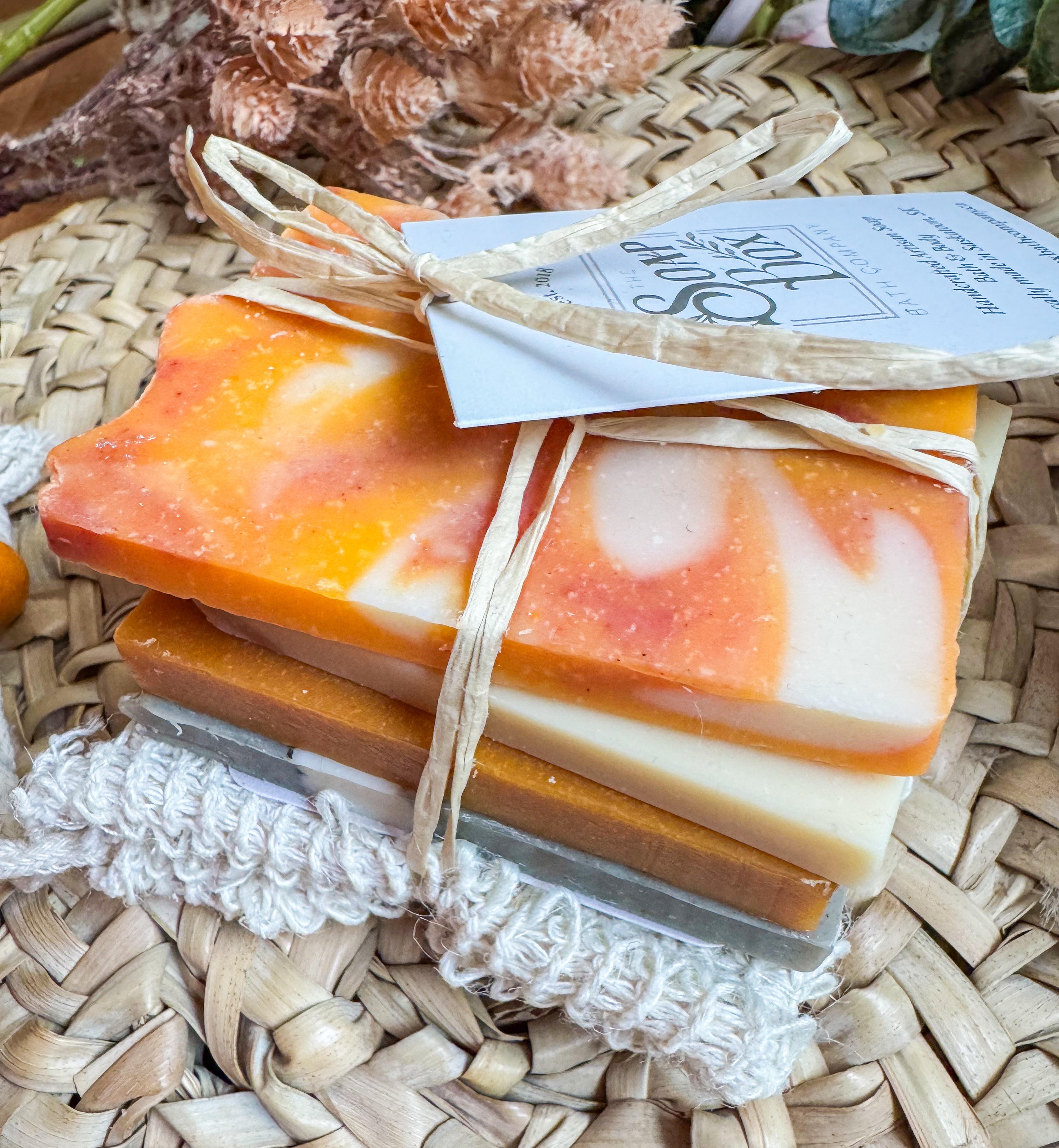 Soap Sample Stack #3: Cranberry Tangerine, Oak & Whiskey, Spiced Pumpkin & Cranberry, Wood Sage & Sea Salt